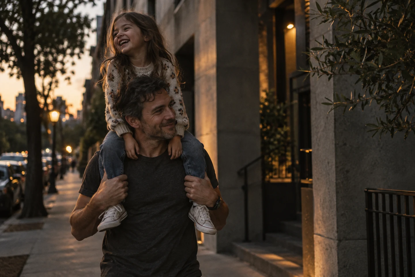 Illustrative father carrying his daughter outdoors