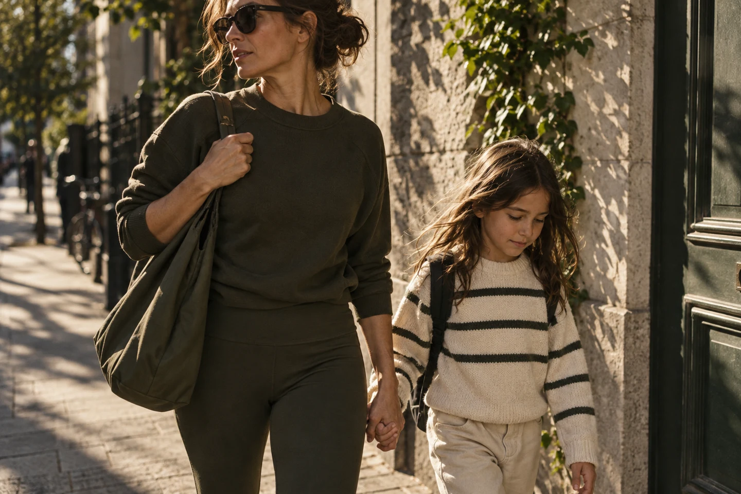 Illustrative mother and child walking together