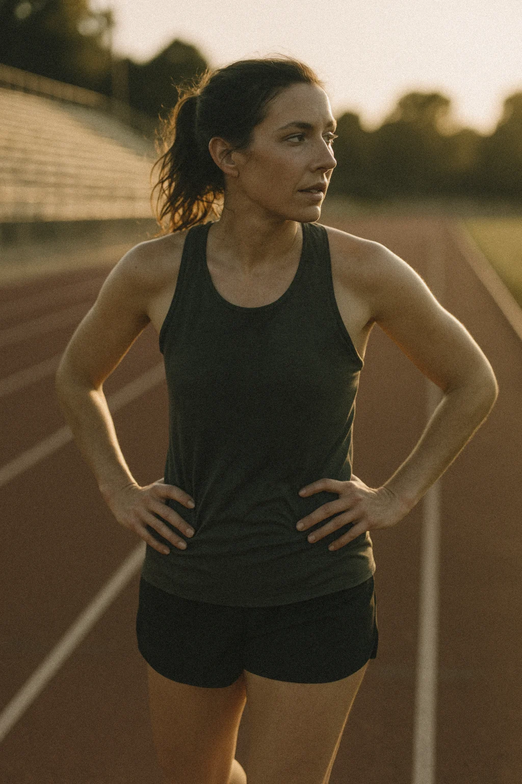 Track athlete catching her breath on a running track at golden hour