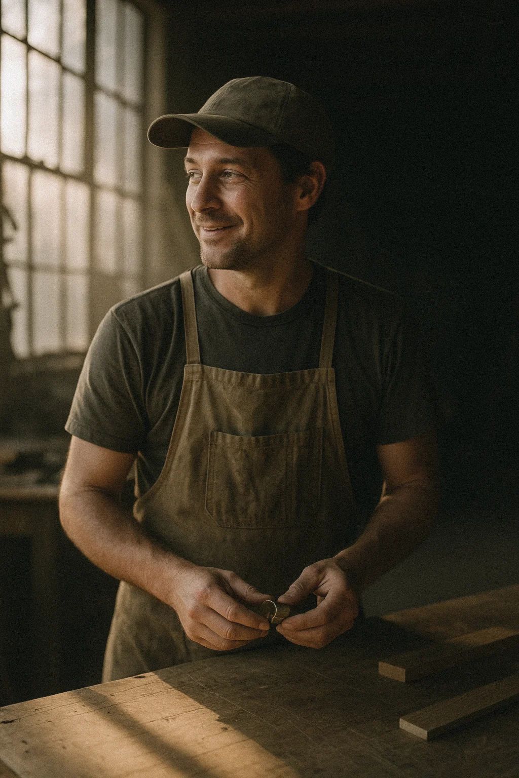 Studio owner at his workbench in late-afternoon light